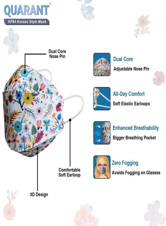 QUARANT Dual Meltblown Fabric KF94 Korean Style Designer Face Mask with Nose Clip and Travel Pouch (Floral Bliss Combo, Multicolour, Pack of 10) for Unisex - Image 5